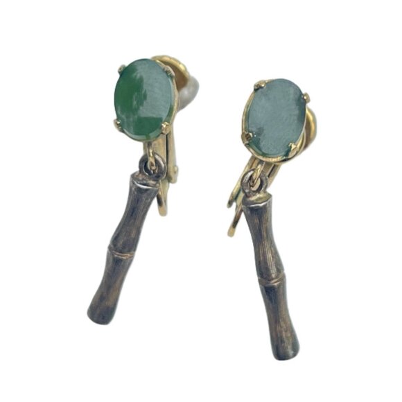 Jade Bamboo Earrings - Vintage Signed Wells Sterling Silver - Picture 1 of 3